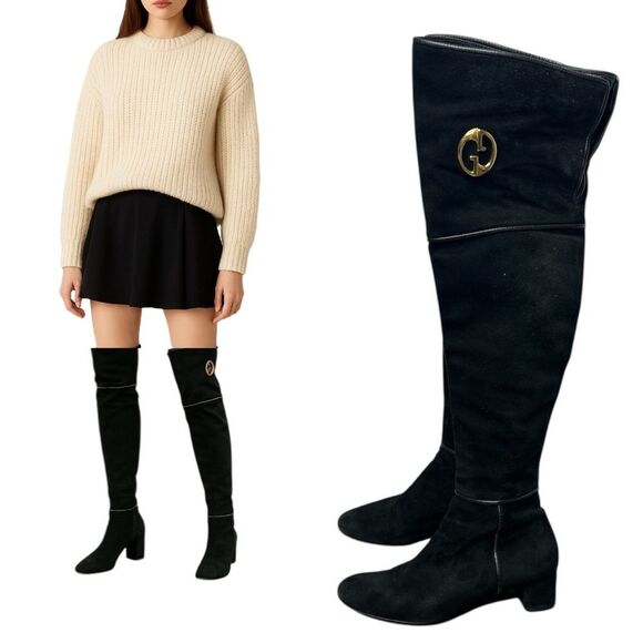 Gucci Black Suede Over the Knee Boots GG 1973 Logo Block Heel Shoes Size 38 - Picture 1 of 10